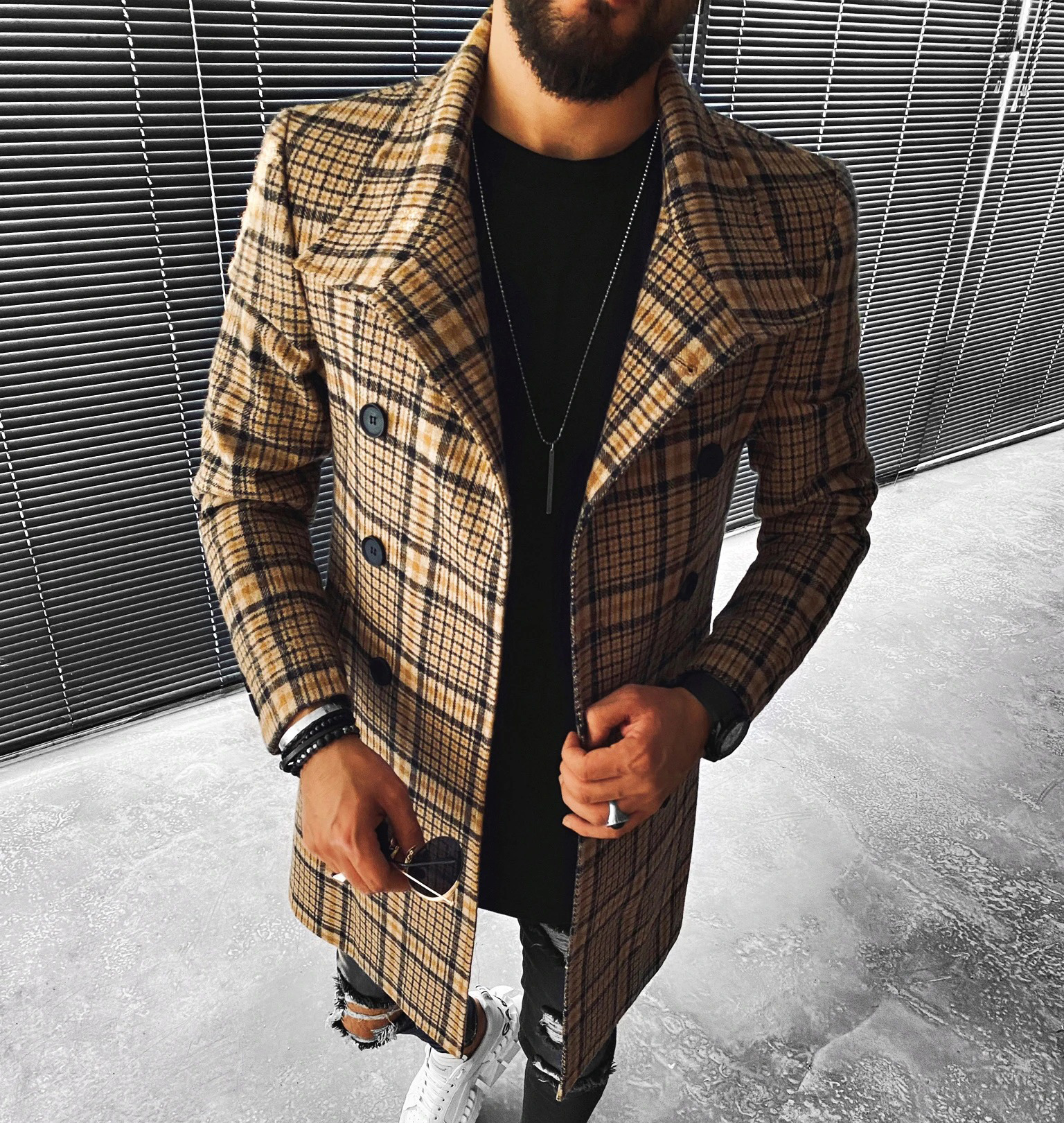 Street Fashion Casual Plaid Texture Slim Long Sleeve Coat